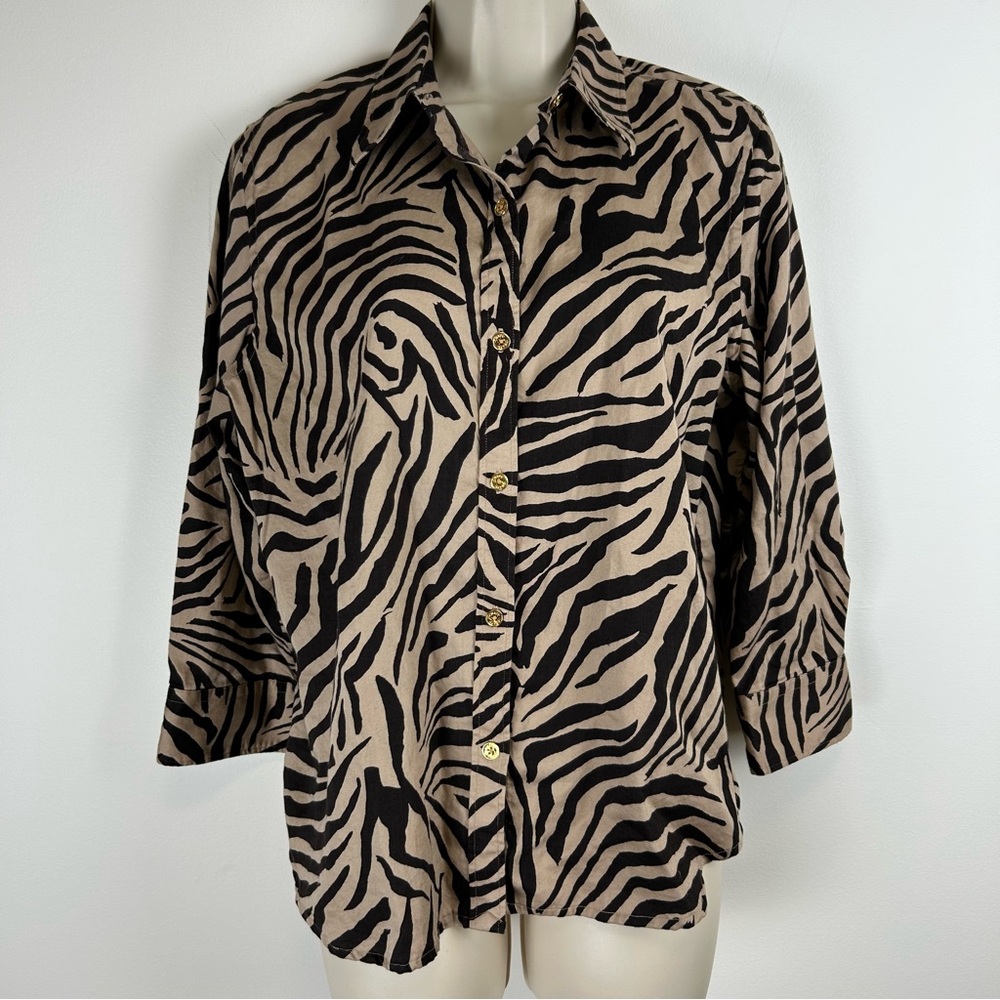 Chaps Button Up Tan and Black Zebra Print Blouse PXL Office Career MobWife